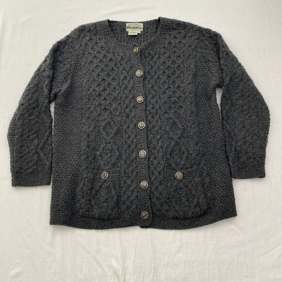 Aran Crafts Sweater Cardigan Womens XL Gray Merino Wool Fisherman Cable Knit - Picture 1 of 8